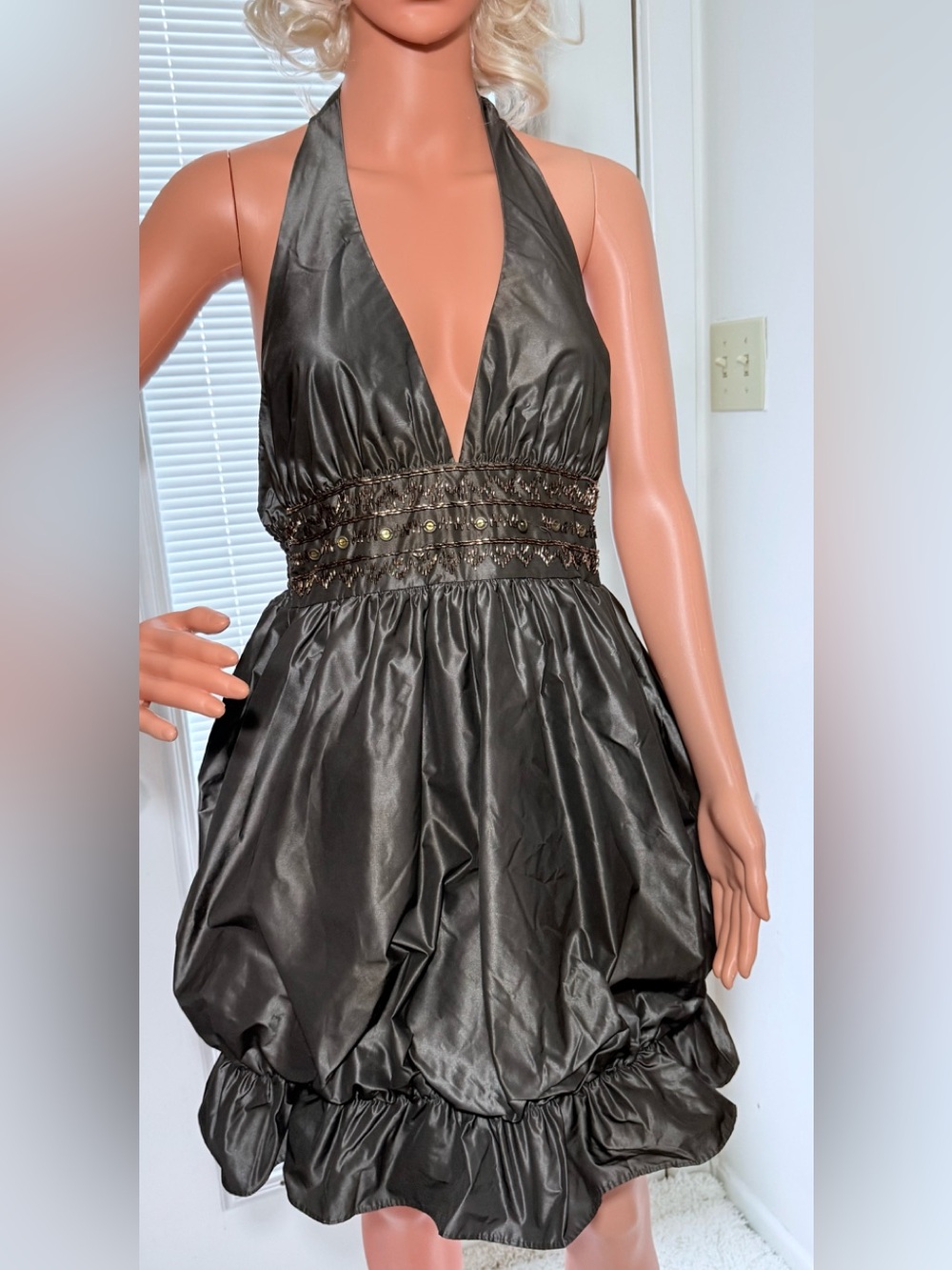 Y2K BCBGeneration Black Halter Backless Beaded Bubble Dress